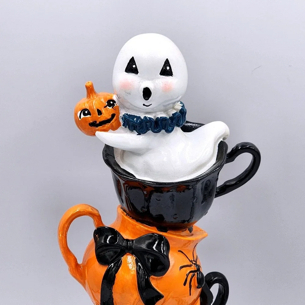 Halloween Stacked Ghost Pumpkin Teapot Teacup Figurine 12.5